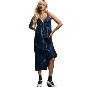 NWT Anthropologie Black Blue Metallic Brocade Long Dress XXS
